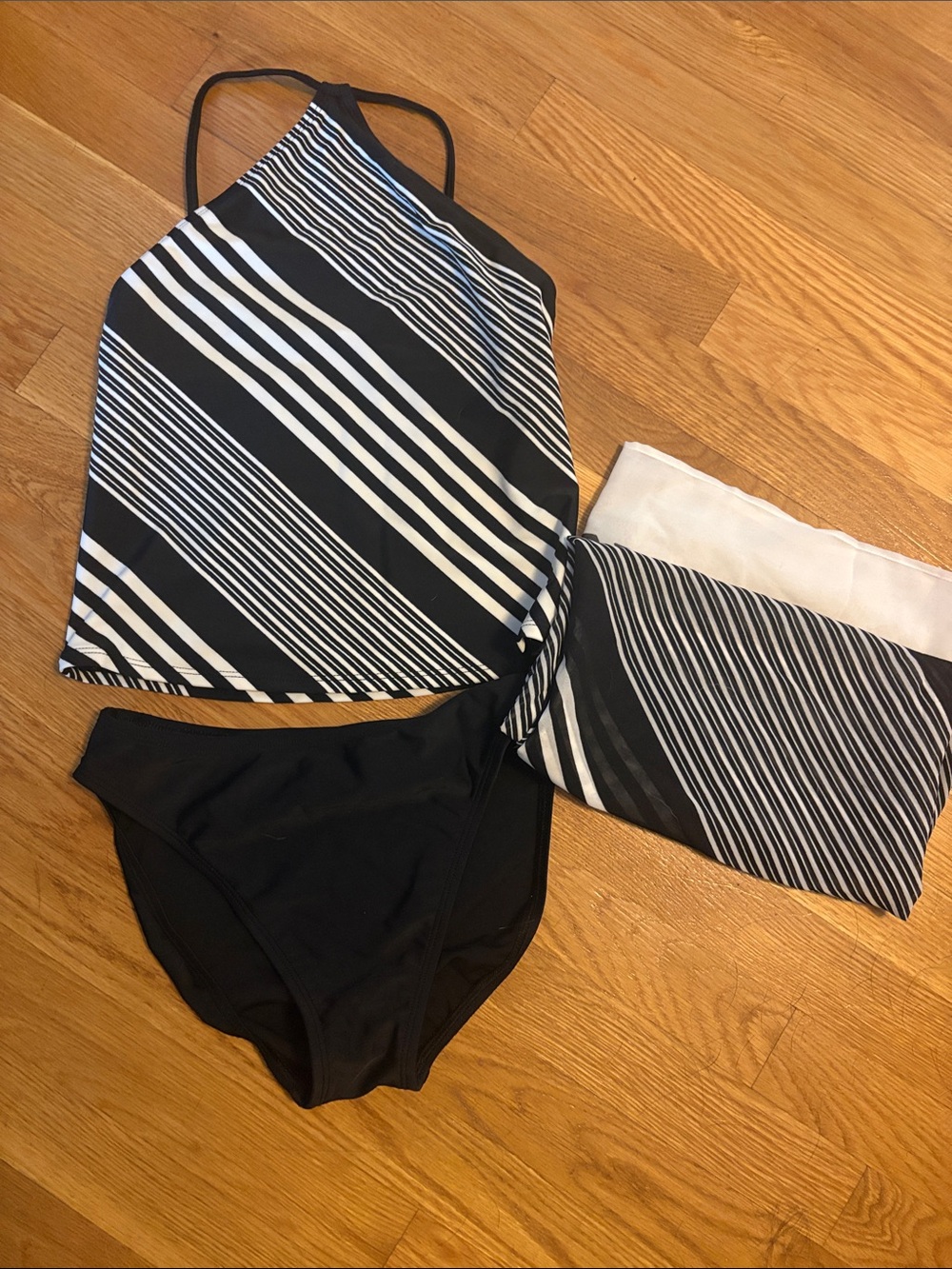 Anne Klein Black and White Striped Halter Tankini with Black Bottoms